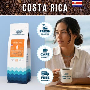 May include: A bag of Wonder Waves Coffee, labeled "Surfer's Swell," with a Costa Rican flag and coffee beans in the background. A woman holds a mug that says "Rise with the Tide." The image also includes text that says "Fresh Roasted," "Café Quality," and "Free Shipping!"