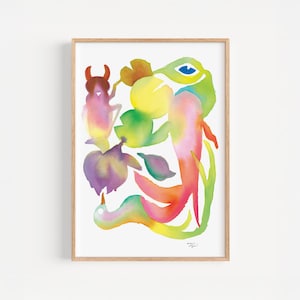 Friedlicher Teich Aquarell Druck - Strahlende Sommerblumen und Verspielte Fische. Lebendige Wohndekoration. Aquarell Kunstdruck.