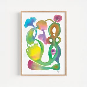 Stampa astratta ad acquerello di ispirazione botanica colorata, riproduzione di un'opera d'arte originale.