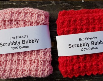 Set of 2: Colour-Coordinated Scrubbly Bubbly Knitted 100%  Cotton Washcloths,  Bath, Eco and Skin Friendly