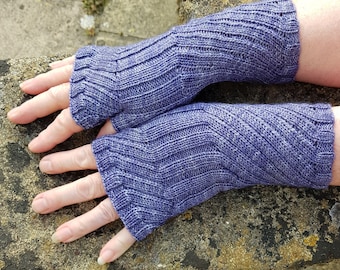 Fingerless Gloves Mittens -  Wrist Warmers. Hand Dyed 100% Merino Wool,  Purple / Grey Cloud (Colourway: Alice)
