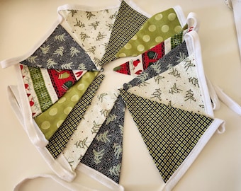Christmas Bunting - Green and Red cotton fabric featuring a Christmas tree design.