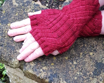 Fingerless Gloves Mittens -  Wrist Warmers. Hand Dyed 100% Merino Wool,  Cherry Red / Cereza