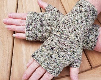 Fingerless Gloves Mittens  - Wrist Warmers. Hand Dyed 100% Merino Wool,  Green/cream speckles (Myths)