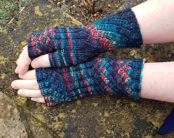 Fingerless Gloves -  Hand  Warmers -  Wrist Warmers. Hand Dyed 100% Merino Wool,  Variegated Green, Navy and a Splash of Rainbow! (Camaleon)