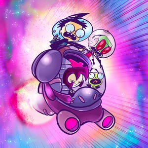 Peut inclure: Illustration numérique des personnages de la série animée, Invader Zim. L'image présente un vaisseau spatial violet et rose avec les personnages à l'intérieur, sur un fond cosmique vibrant et coloré.