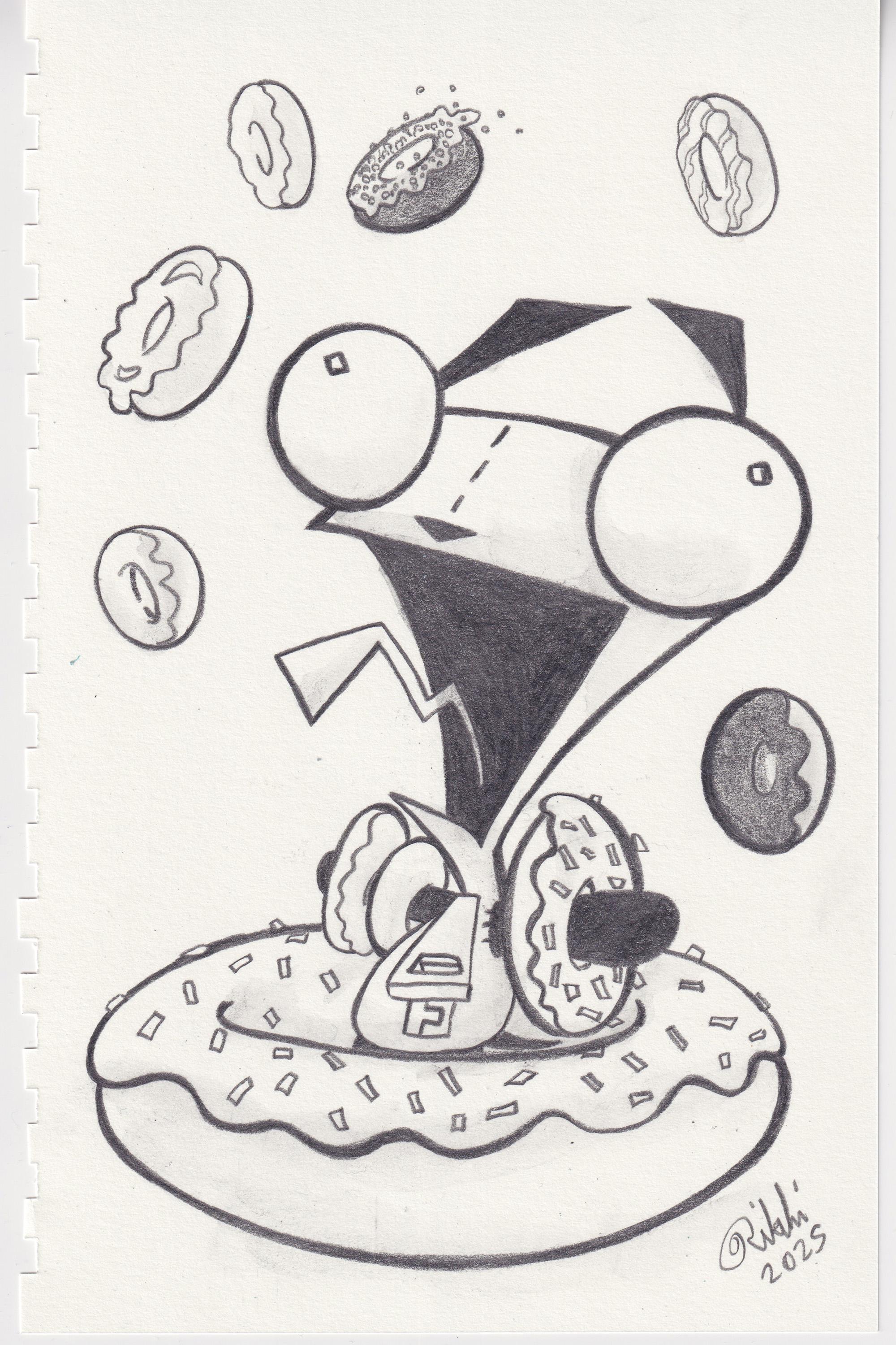 Donutty: originele potlood- en watertekening