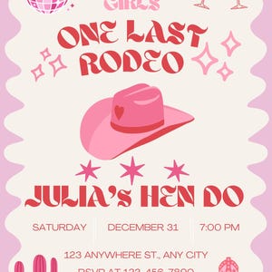 One Last Rodeo Pink Disco Cowgirl Hen Do Hen Party Customisable Invite