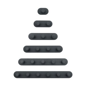 May include: An assortment of dark grey cabinet pulls and knobs in an oval shape, displayed in a descending pyramid formation against a white backdrop. Each pull features a rounded knob.