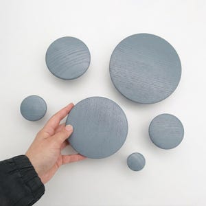 May include: A collection of six circular wall hooks in varying sizes, featuring a muted blue finish with a visible wood grain texture. The hooks are arranged in a cluster, with one hook being held to demonstrate its round, flat-faced design.
