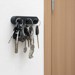 May include: A black magnetic key holder fixed to a white wall, holding various keys. The keyrings include a decorative owl and other metal keys. The holder is near a wooden door.