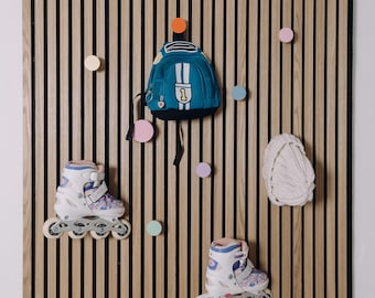 Acoustic wall Panel hooks for kids room, Wall panels decor, Colorful Furniture for panel, Wood slat wall panel decor for baby, Kids Hooks