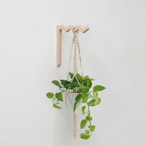 Puede incluir: Un soporte de pared de madera clara con un borde superior en zigzag sostiene un colgador de plantas de macramé color crema. El colgador sujeta una maceta de plástico blanca con una planta potos verde de hojas acorazonadas.