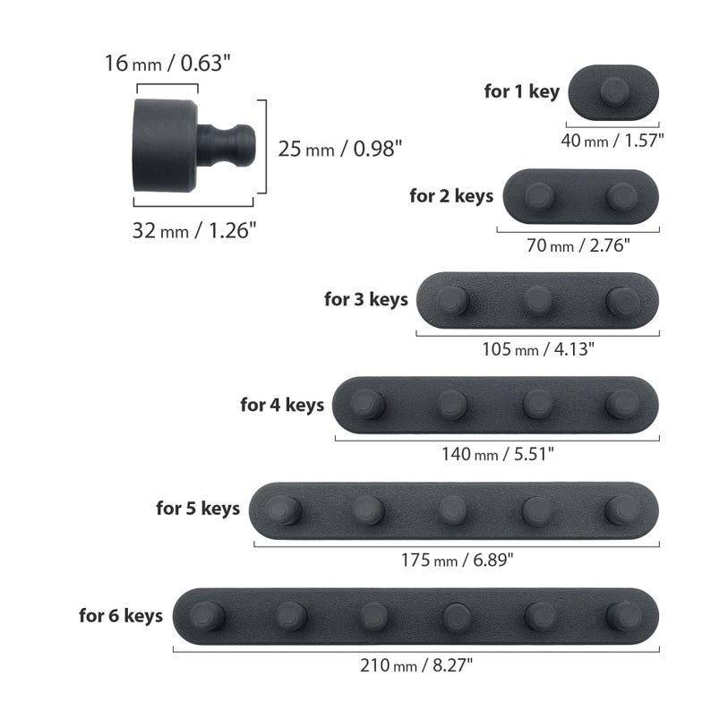 May include: A series of black key holders, each designed to hold a different number of keys. The holders range in size from 4 cm to 21 cm long, with options for 1 to 6 keys. The image also shows a single key holder that is 3.2 cm long.