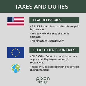 May include: An informational graphic titled TAXES AND DUTIES with a dark green header. It displays the U.S. flag and text stating that U.S. import duties and tariffs are paid by the seller. It also shows the EU flag and a globe icon with text regarding local taxes for the EU and other countries, ending with the text pixon design.
