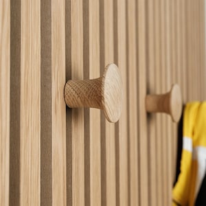 Könnte beinhalten: Nahaufnahme von zwei Holzhaken, die an einer vertikalen Holztafel befestigt sind. Die Haken sind hellbraun mit einem abgerundeten Design. Die Tafel hat ein gestreiftes Muster aus hellem und dunklem Holz. Ein gelbes und weißes Kleidungsstück hängt am rechten Haken.