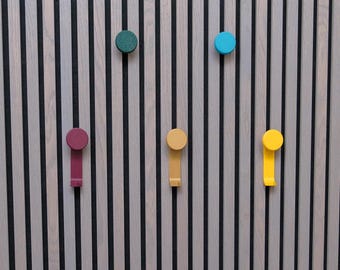 Colorful 3D Printed Acoustic Panel Hooks, Acoustic slat wall hooks, Modern wall panels hooks, Akupanel Storage Hooks accessories