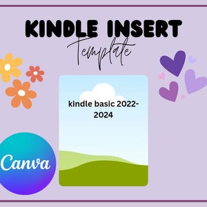May include: A digital template design for a Kindle insert, with the text "Kindle Insert Template." The design includes a Canva logo, floral graphics, and heart shapes. The insert design is for Kindle Basic 2022-2024.