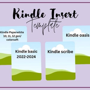 May include: A digital graphic with the text "Kindle Insert Template" in black script. The image features four rectangular templates labeled "Kindle Paperwhite," "Kindle basic," "Kindle scribe," and "Kindle oasis."