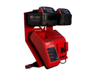 Caricabatterie e supporto per batteria: organizer in acciaio rosso - Compatibile con Milwaukee 18V