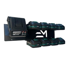 May include: Black metal power tool battery organizer with a charger. The charger is labeled "MASTERFORCE FLEXPOWER 20V CHARGER". The organizer holds multiple black and green batteries. The logo "EM" is visible on the organizer.