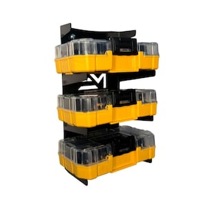 May include: A black metal storage rack with three levels, each holding yellow and black storage containers with clear lids. The containers are stacked vertically, offering organized storage solutions.