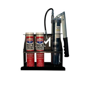 May include: A black metal grease gun holder with two red and white Lucas Oil grease cans and a silver grease gun. The cans are labeled "RED 'N TACKY GREASE". The grease gun has a black handle and a flexible hose.