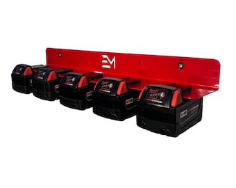 Portabatterie: organizer da garage in acciaio rosso - Compatibile con batterie Milwaukee da 18 V