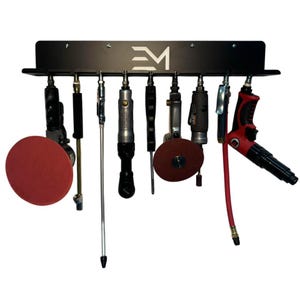 May include: Black metal tool rack with various air tools hanging below. The rack has the letters "EM" in white. Tools include a red buffer, grinders, and a red air gun.