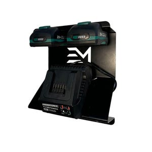 May include: Black metal power tool battery holder with two green and black 20V batteries at the top and a black charger at the bottom. The charger has the text "MASTERFORCE FLEXPOWER 20V CHARGER". The holder has a white "EM" logo.