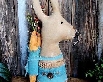 Primitive Easter Bunny Stump Doll: Vintage Chenille & Feedsack