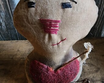 Primitive Valentine Cupid, ornie, tuck, stump doll.