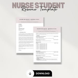May include: A resume template designed for nurse students. The template features a modern, minimalist design with a light gray background and black text. The text includes the words "Nurse Student Resume Template" and "Dominique Qoraichi".