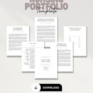 Puede incluir: Una plantilla de portafolio de enfermería blanca con títulos que incluyen "Referencia académica", "Declaración y objetivos de la misión personal" y "Educación y licencia". El texto "Nursing Portfolio Template" está en la parte superior. Un botón "Descargar" en blanco y negro está en la parte inferior.