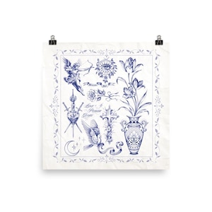 May include: A square print featuring blue ink illustrations on a white background. Designs include a cherub with a bow, an eye, a rose, a vase with tulips, a cross, a dove, and a crescent moon. The text reads Love Power Glory and Memento Mori.