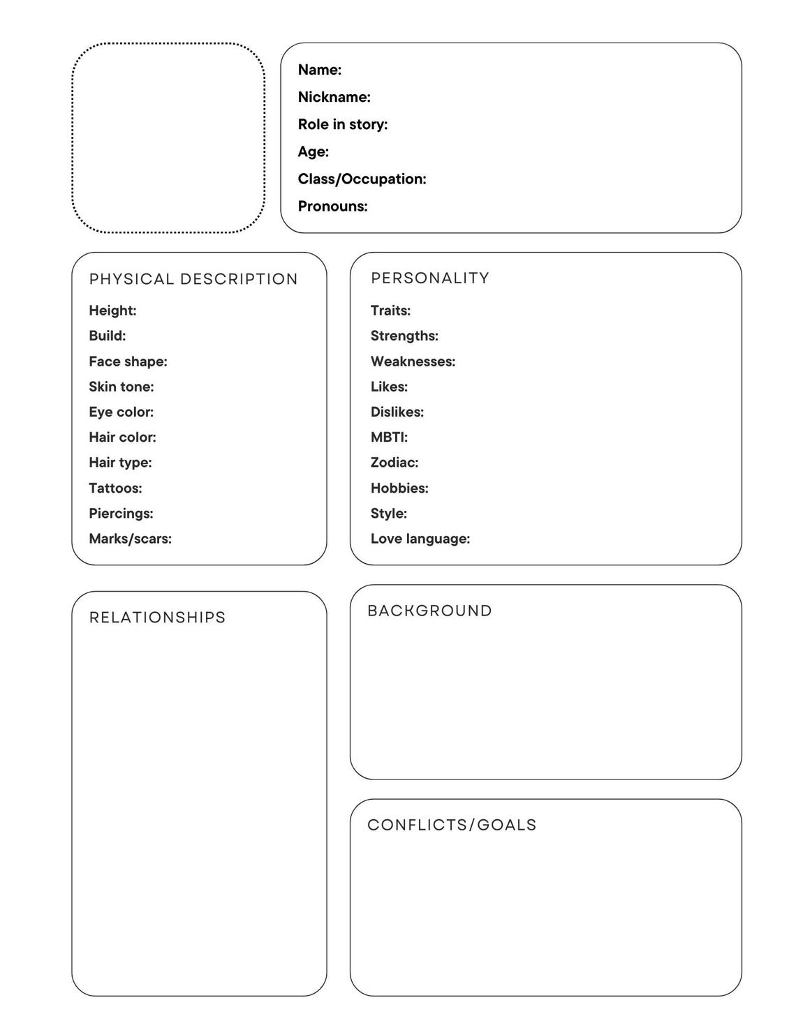 Character Profile - Digital or Printable Character Sheet for Writers - Etsy
