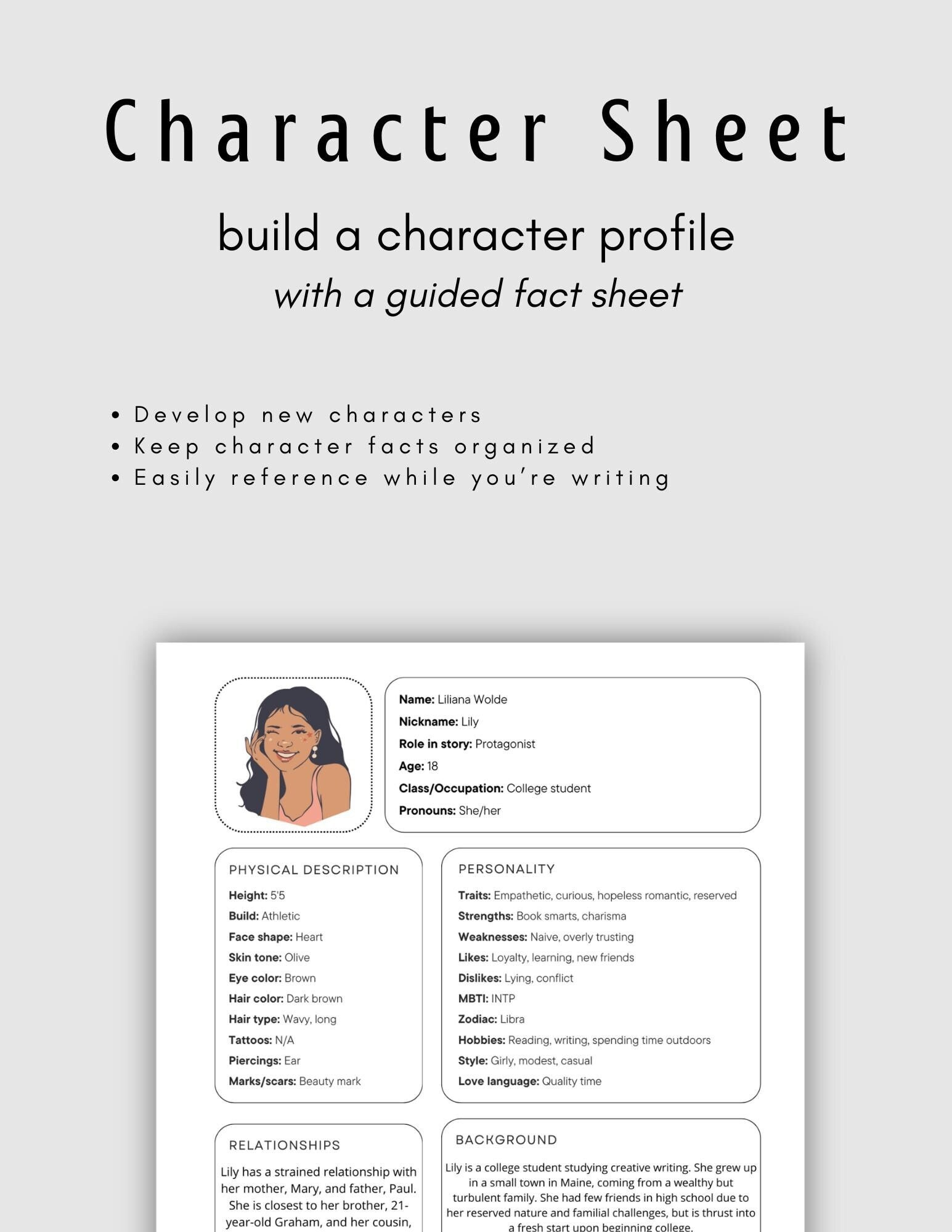 Character Profile - Digital or Printable Character Sheet for Writers