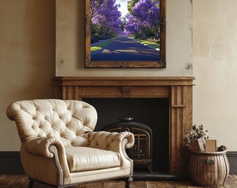 Jacaranda, impression numérique, impression numérique, art mural sud-africain, décoration nature, fleurs violettes, idée cadeau esthétique pour la maison