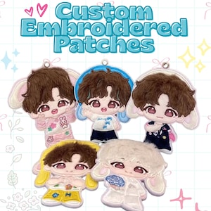 Puede incluir: Parches bordados personalizados con personajes de dibujos animados con orejas de conejo. Los personajes visten diferentes atuendos. El texto "Custom Embroidered Patches" se muestra en la parte superior de la imagen.