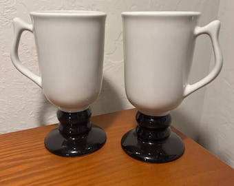 VTG Hall Footed Pedestal Irish Coffee White Mug w Black Base #1272 USA Set Of 2