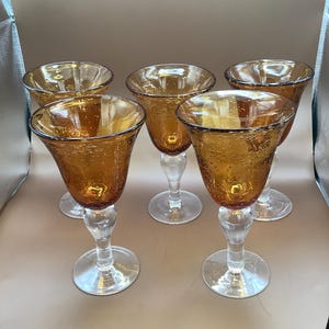 Artland Iris 8.25” Handblown Bubble infused Tall Amber Water Goblets Set of 5