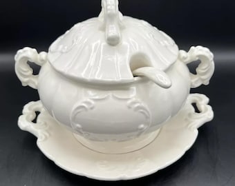 Vintage White 4 Piece Ceramic Serving Bowl, Dish, Lid, Ladle Set Gravy Tureen