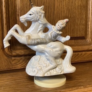 Vintage Flambro Porcelain Clown On Unicorn Music Box Figurine Statue 9”