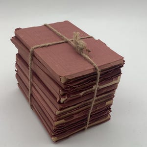 May include: A stack of ten rectangular books with faded dusty rose covers, bound together by a single piece of natural brown twine tied in a knot at the top. The books feature embossed border details on the front covers and light-colored pages.