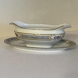 Vintage Noritake China Gravy Boat With Attached Under PLATE Pastelle FLORAL & DECO