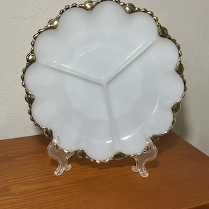 Vtg Fire King Anchor Hocking Divided Dish Relish Tray White Milk Glass Gold Trim