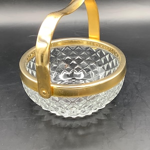 Vintage Walther De Luxe German Cut Glass Fruit Bowl w Gold Rim and Handle