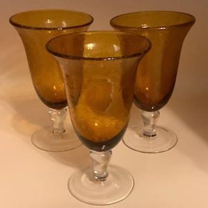 Artland Iris 7.5” Handblown Bubble infused Tall Amber Water Goblets/Glasses Set of 3