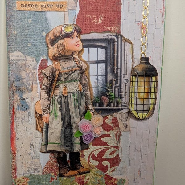 Never Give Up Steampunk Collage Mixed Media unframed art 4*6 one of a kind One of a kind ICAD