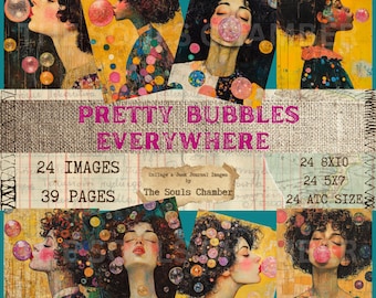 PRETTY BUBBLES EVERYWHERE Ephemera Collage Junk Journal Scrapbook Artist Trading Cards Printable Art Download Klimt Bubbles Spring Whimsical
